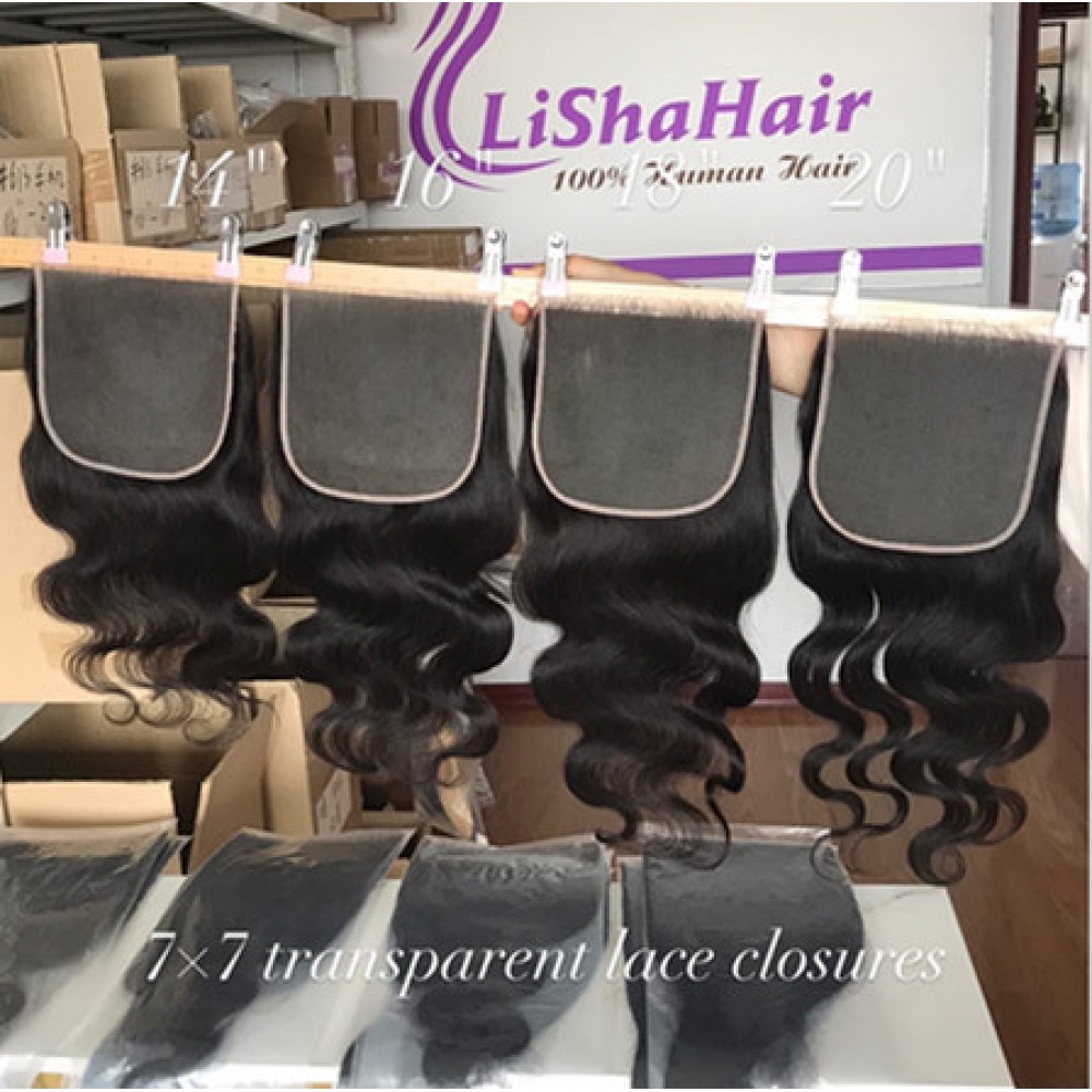 7x7'' transparent Lace Closures with baby hair silky straight/bodywave