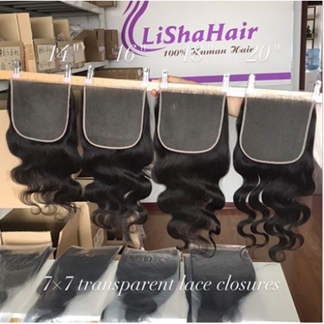 7x7'' transparent Lace Closures with baby hair silky straight/bodywave