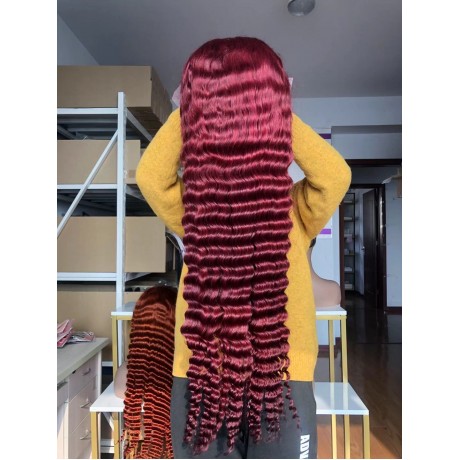 30inch burgundy deep wave 13x4 transparent Lace Front Human Hair Wigs Pre Plucked with baby hair 