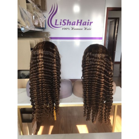 180% density  4 27 highlights colored deep wave human hair lace front wig LS11121
