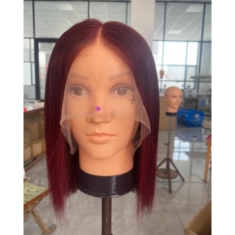 99j burgundy colored silky straight short bob style 13x4 Lace Front Human Hair Wigs LS7302