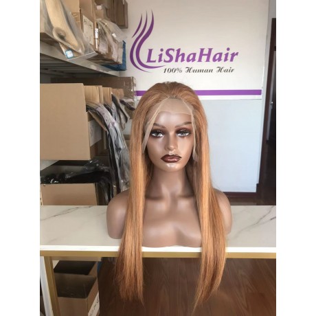 Color 27 honey blonde 180% density Silky straight transparent lace front Human Hair Wig