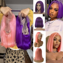 12inch bob lace front wig pink vs purple color 180% density Indian virgin human hair