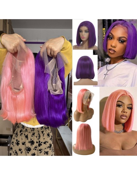 12inch bob lace front wig pink vs purple color 180% density Indian virgin human hair 