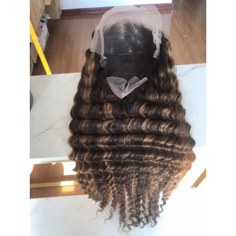 180% density  4 27 highlights colored deep wave human hair lace front wig LS11121