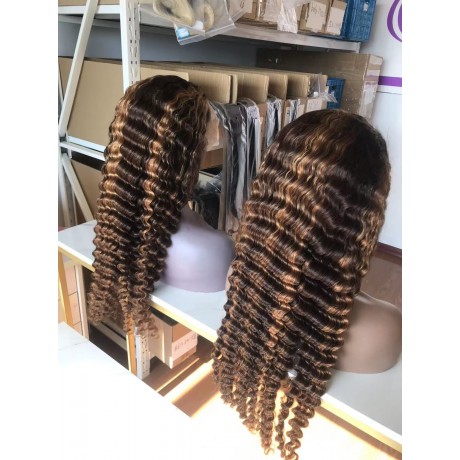 180% density  4 27 highlights colored deep wave human hair lace front wig LS11121