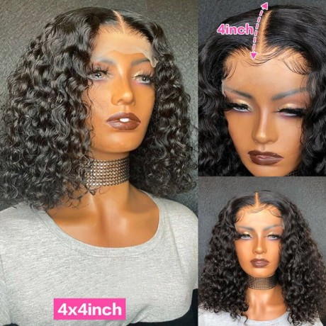 200% Density Deep Curly Bob Wig 4×4 transparent Lace closure Wig Natural Color