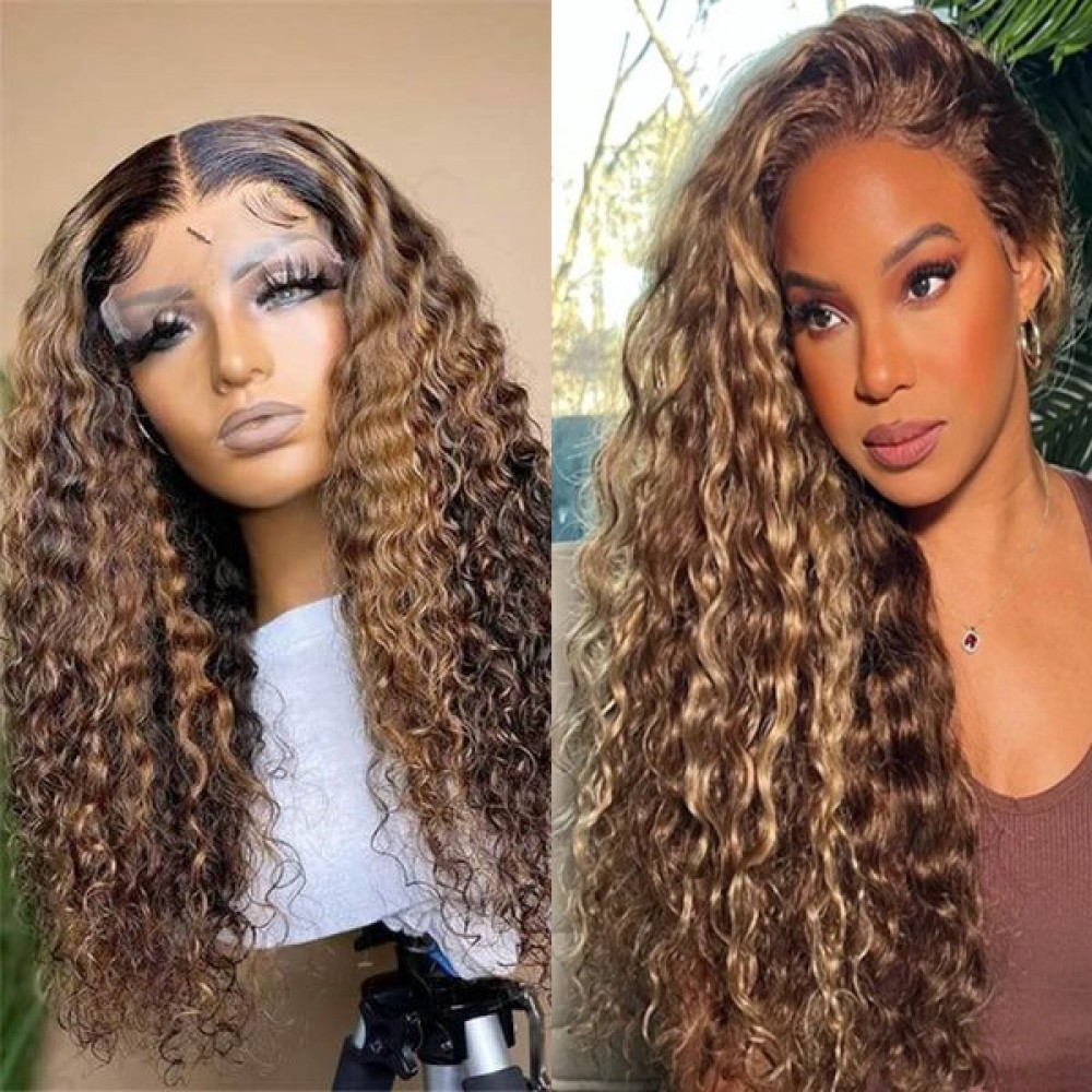 water wave Colored Wigs 4/27 Color Brazilian Virgin Human Hair 5x5 hd lace closure wig 180% density