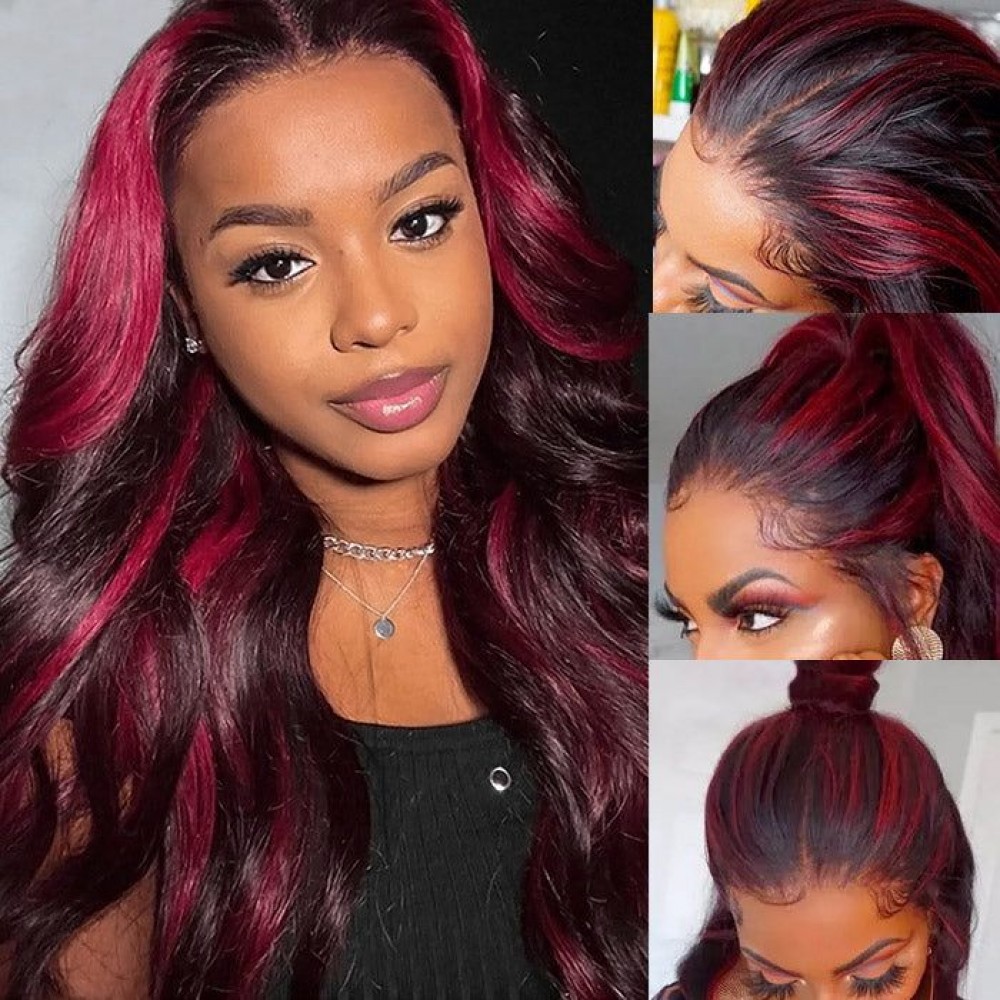 1b burgundy  Highlight Body Wave 13x4 transparent Lace Frontal Wig virgin human hair 