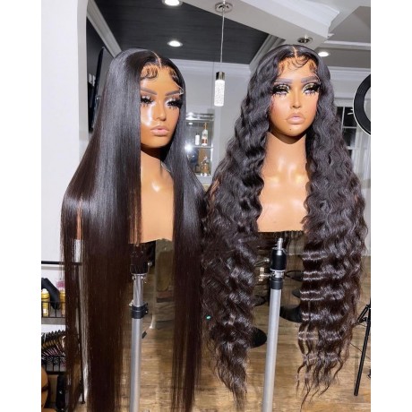 Silky straight and Deep wave Human Hair lace front Wigs Pre-Plucked 34inch 250% density