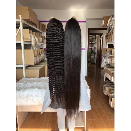 Silky straight and Deep wave Human Hair lace front Wigs Pre-Plucked 34inch 250% density