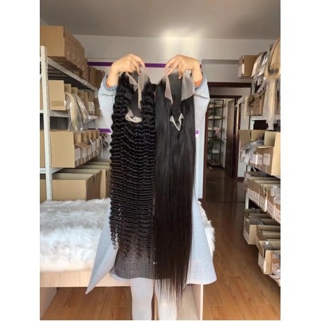 Silky straight and Deep wave Human Hair lace front Wigs Pre-Plucked 34inch 250% density