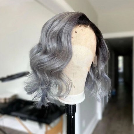 1b grey dark roots wavy style Bob Lace Front Wigs ombre hair side part With Baby Hair LS9292