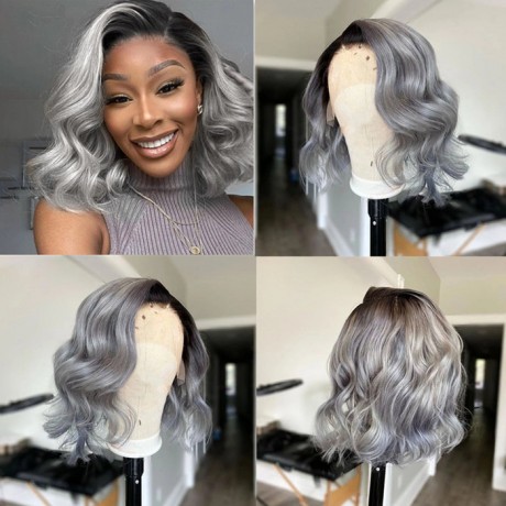 1b grey dark roots wavy style Bob Lace Front Wigs ombre hair side part With  Baby