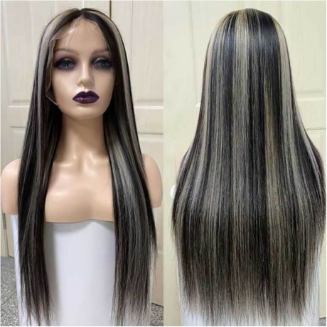 1b grey highlights colored Human Hair Lace Front Wigs Silk Straight / body wave texture 