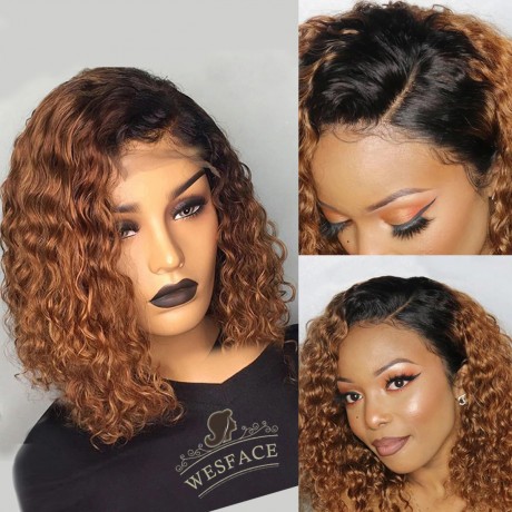 Dark roots ombre 1b 30 5x5 lace closure bob  water wave curly human hair wig  180% density 12inch
