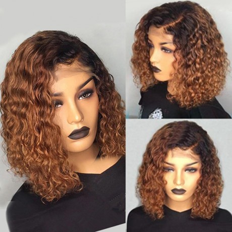 Dark roots ombre 1b 30 5x5 lace closure bob  water wave curly human hair wig  180% density 12inch