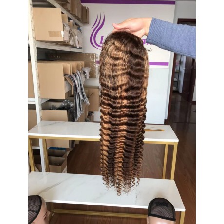 180% density  highlights colored deep wave human hair lace front wig LS11121