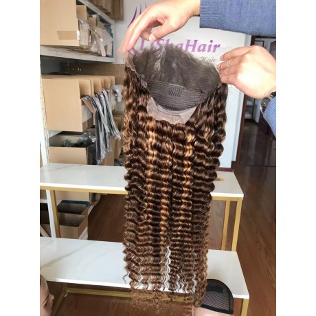 180% density  highlights colored deep wave human hair lace front wig LS11121