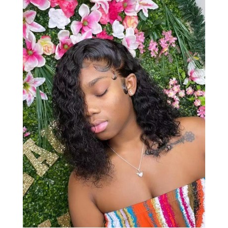 Side part natural water wave 14inch bob human hair lace front wig with baby hair LS7181