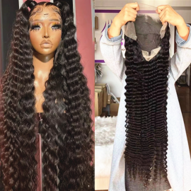 34inch long deep wave human hair lace front wigs 250% density 13x4 transparent lace front wig
