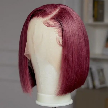 99j burgundy colored silky straight short bob style 13x4 Lace Front Human Hair Wigs LS7302
