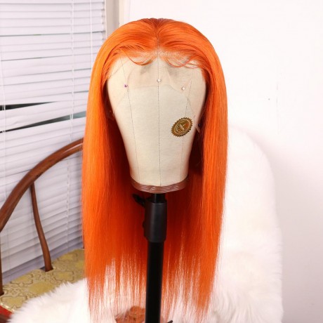 Orange colored silky straight human hair lace front wig pre plucked hairline