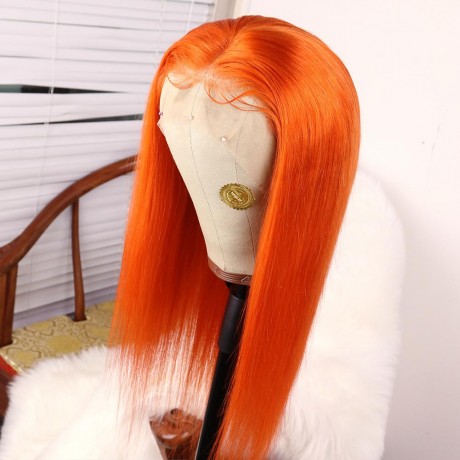 Orange colored silky straight human hair lace front wig pre plucked hairline