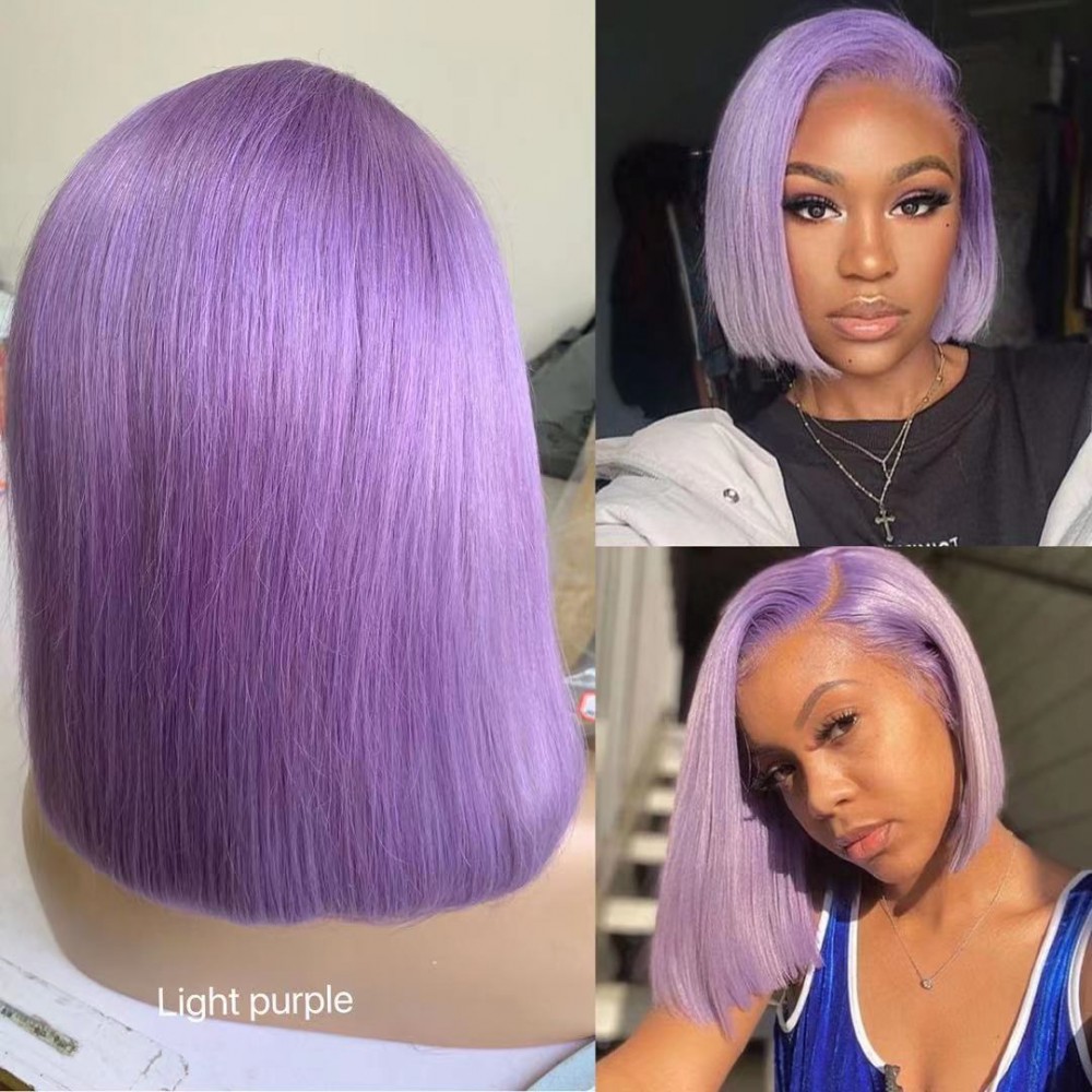 Light purple color silky straight human hair lace front wig violet purple hair bob 13x4 transparent lace front wig 180% density Light purple color silky straight human hair lace front wig violet purple hair bob 13x4 transparent lace front wig 180% density