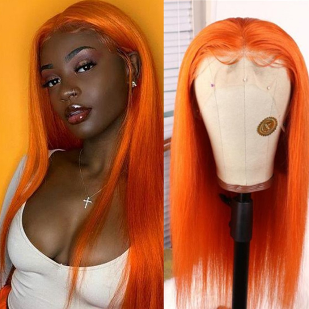 Orange colored silky straight human hair lace front wig pre plucked hairline Orange colored silky straight human hair lace front wig pre plucked hairline