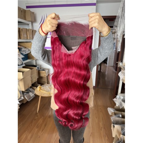 Burgundy body wave 13x4 transparent lace frontal wig 250% density body wave texture 