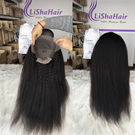 Kinky Straight 13x4 hd lace frontal wig 180% density natural black color 