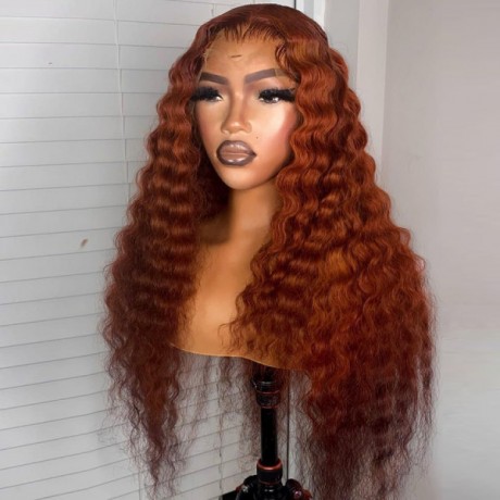 Ginger orange water wave virgin human hair lace front wig pre plucked 180% density