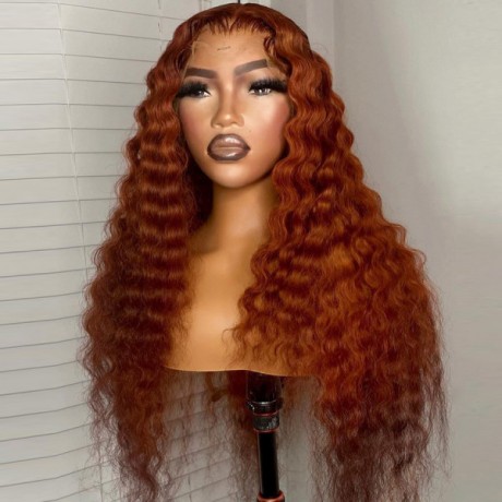 Ginger orange water wave virgin human hair lace front wig pre plucked 180% density