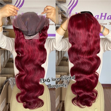 Burgundy body wave 13x6  transparent lace frontal wig 200% density body wave texture 