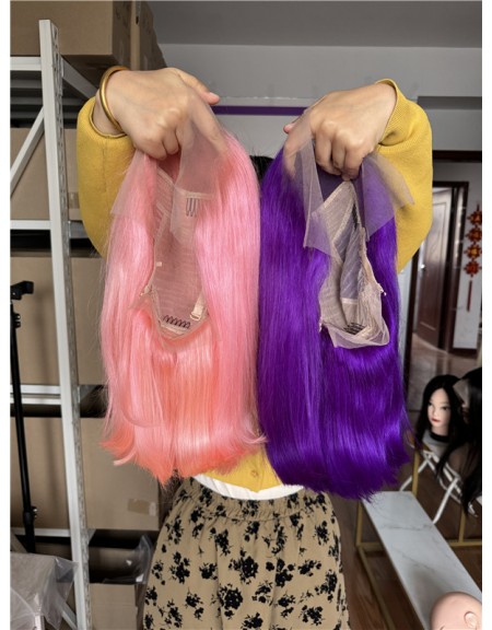 12inch bob lace front wig pink vs purple color 180% density Indian virgin human hair 