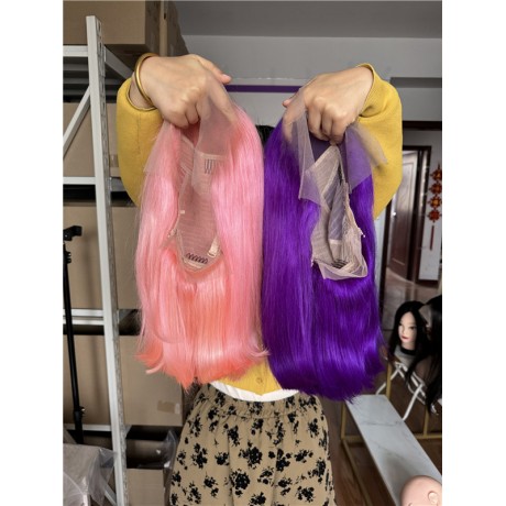 12inch bob lace front wig pink vs purple color 180% density Indian virgin human hair 