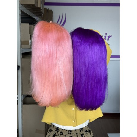 12inch bob lace front wig pink vs purple color 180% density Indian virgin human hair 