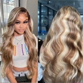 Brown Blonde highlights colored P6/613  human  hair transparent lace front wig 180% density