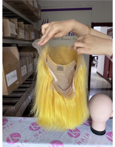 Lemon Yellow colored bob lace front wig Indian virgin human hair style 