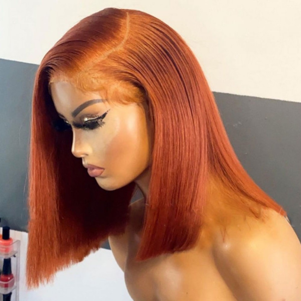 Ginger color Indian virgin human hair silky straight bob 13x4 transparent lace front wig LS8201