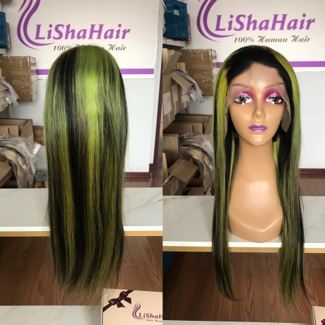 1b green highlights silky straight virgin human hair glueless lace front wig pre plucked hairline