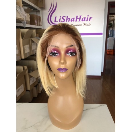 180% density 4 613 dark roots ombre blonde bob 13x4 lace front wig silky straight style
