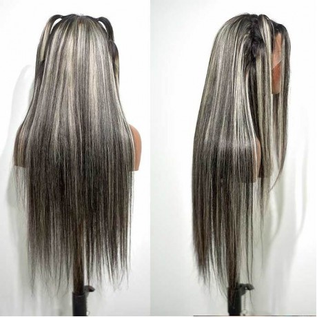 1b grey highlights colored Human Hair Lace Front Wigs Silk Straight / body wave texture 