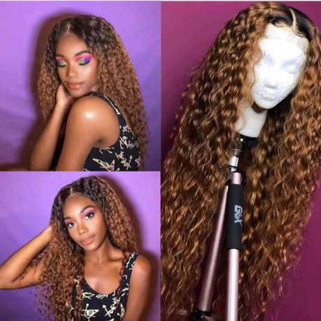 Lishahair Virgin Brazilian Human hair dark roots 1b 30 deep curly human hair Lace front wig 180% density