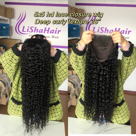 5x5 HD Lace Closure Wigs deep curly indian Virgin Human Hair (LS24181)