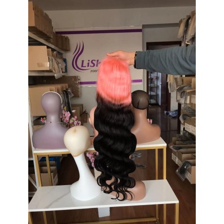 Body wave pink black ombre two tone  virgin human hair lace front wig 180% density pre plucked hairline