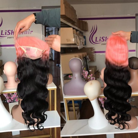 Body wave pink black ombre two tone  virgin human hair lace front wig 180% density pre plucked hairline