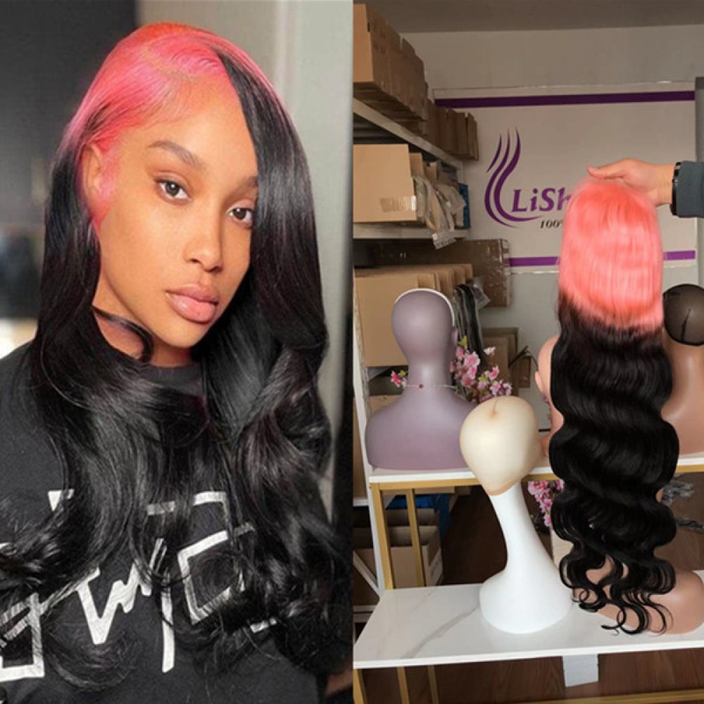 Body wave pink black ombre two tone  virgin human hair lace front wig 180% density pre plucked hairline