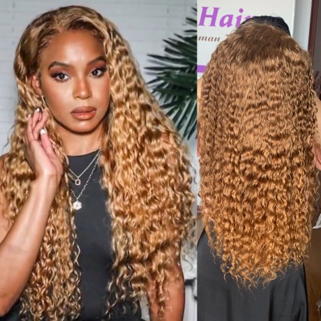 honey blonde water wave Lace Frontal Wig 180% density 